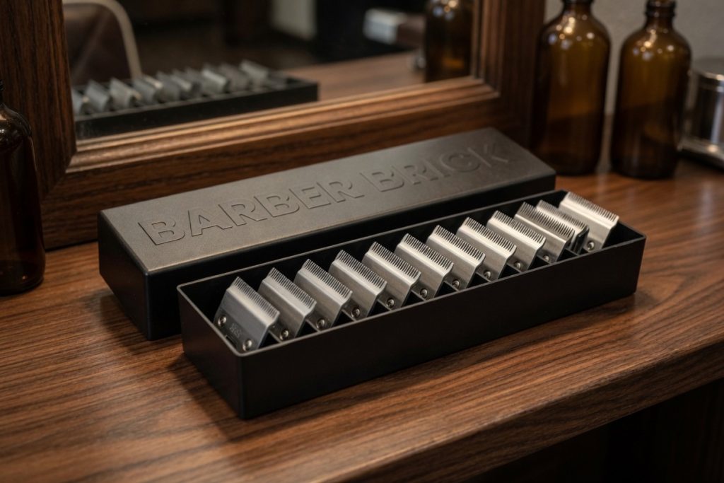 Black Barber Brick on a barber back bar, with clipper blades standing in the tray